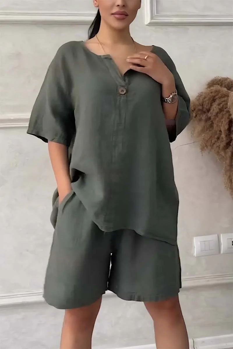 Cotton-linen Shirt Set With High-waisted Loose Shorts For Women