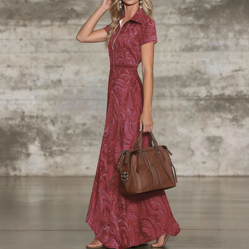 Printed Lapel Collar Defined Waist A-Line Maxi Dress