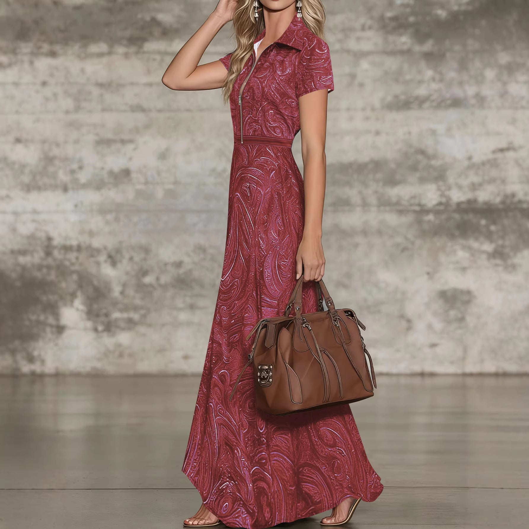 Printed Lapel Collar Defined Waist A-Line Maxi Dress