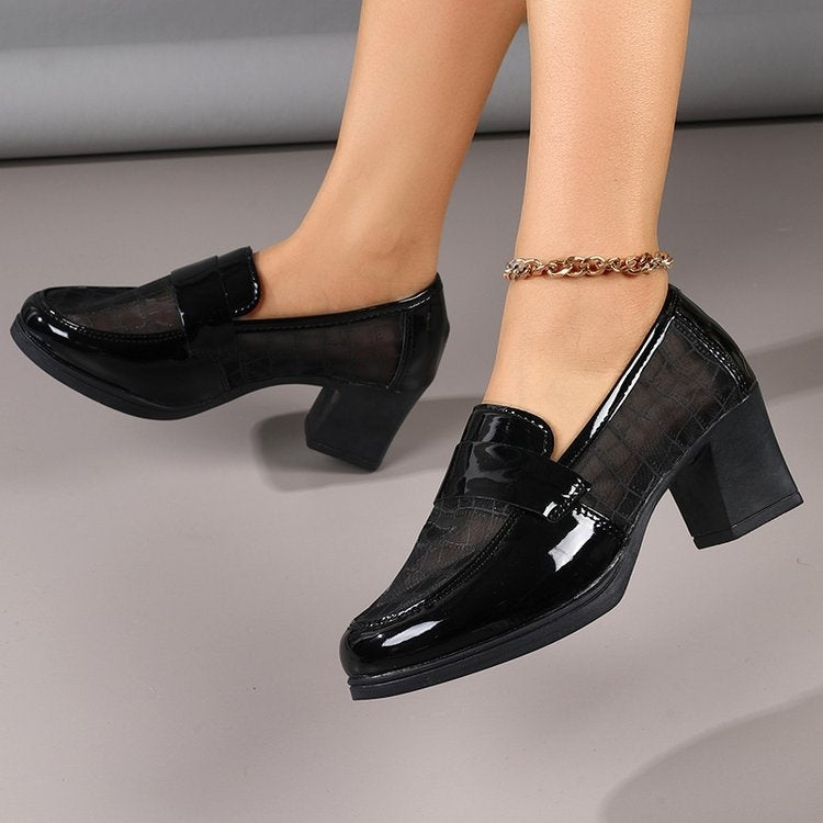 2026 Summer Women's Mesh Breathable High Heels, Hollow Soft Leather Pumps, Mid-Heel Chunky Heel Office Shoes With Soft Sole