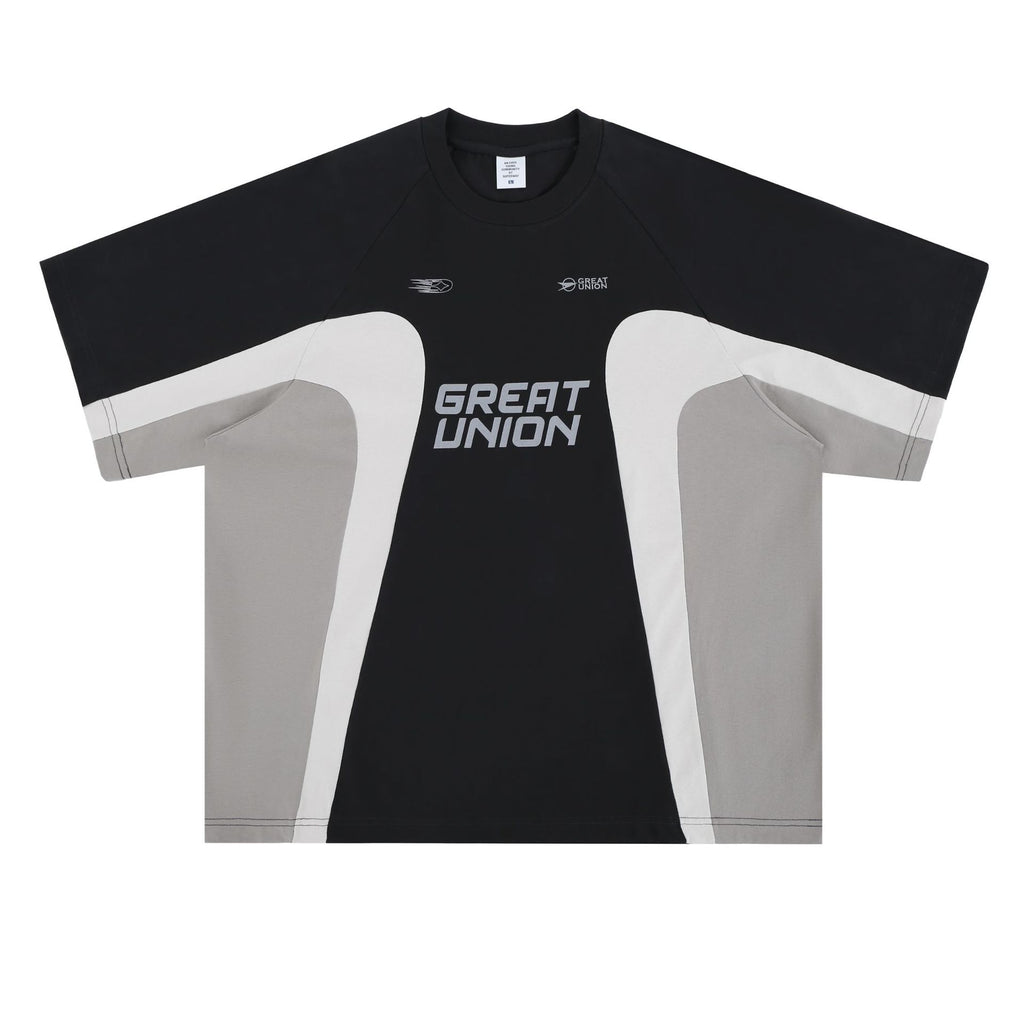 Mens American Retro Racing Club Patchwork Crewneck Short-Sleeve T-Shirt