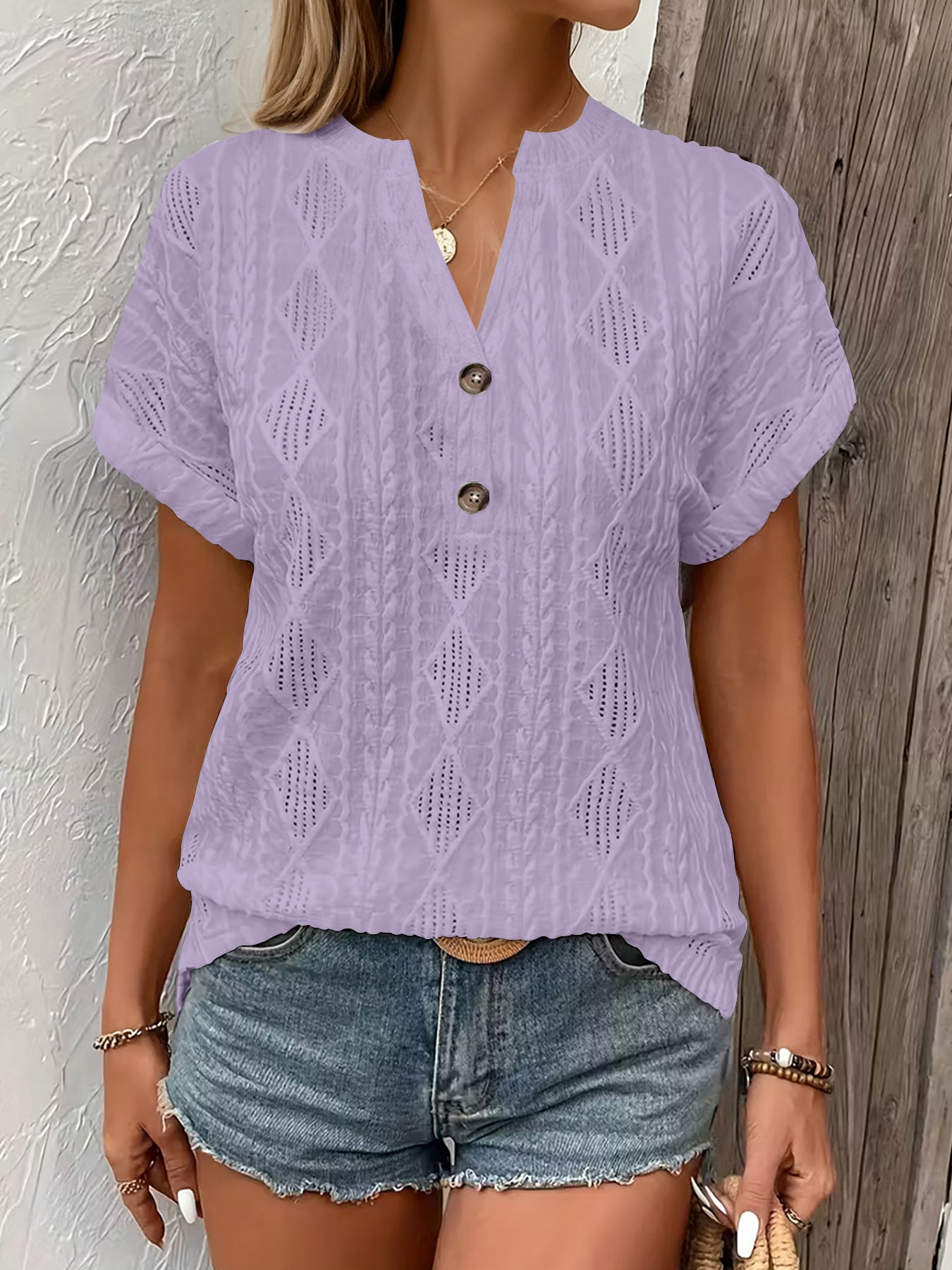 Fashionable Casual Solid-Color Buttoned V-Neck T-Shirt For Women