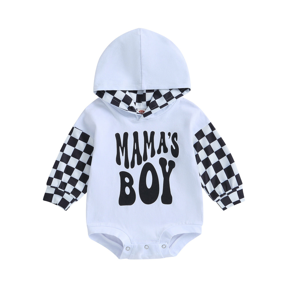 Letter-printed Plaid Patchwork Long-sleeve Hooded Romper