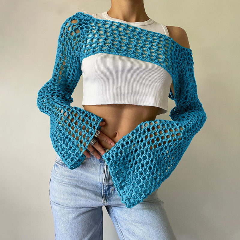 Women's Hand-Knitted Sweater, Casual Ultra-Short Style With Flared Sleeves