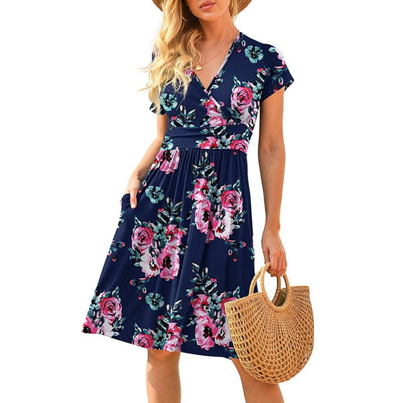 Womens Short-Sleeve Printed Pocket Mid-Length Cinched Dress