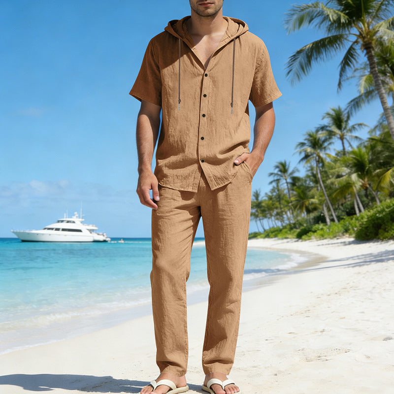Men's Summer Loose Casual Hooded Short-Sleeve Shirt Set