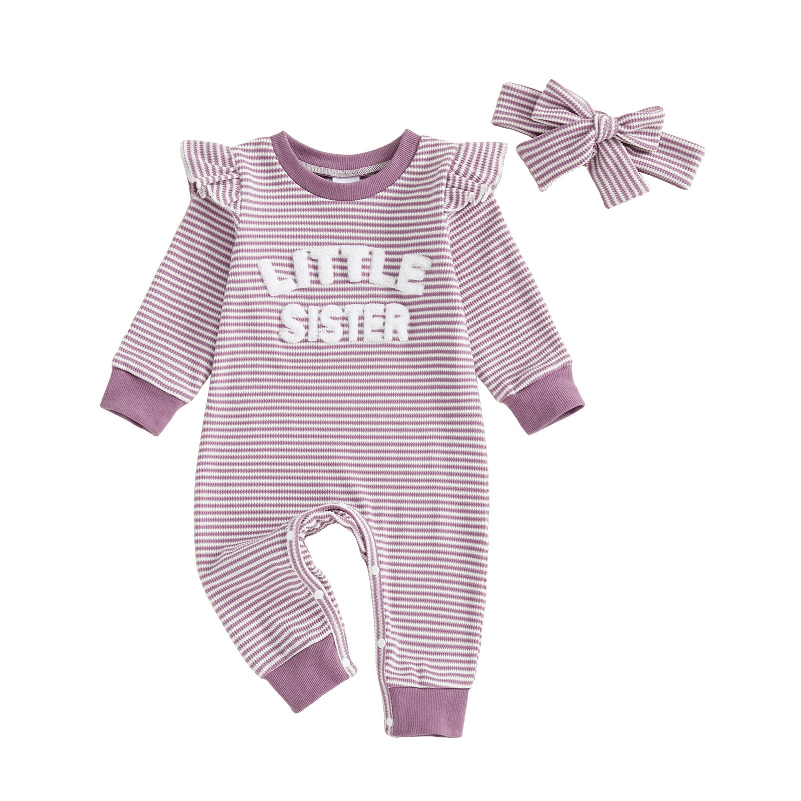 Girls Striped Embroidered Letter Flutter Sleeve Long-Sleeve Solid-Color Jumpsuit Cotton Headband