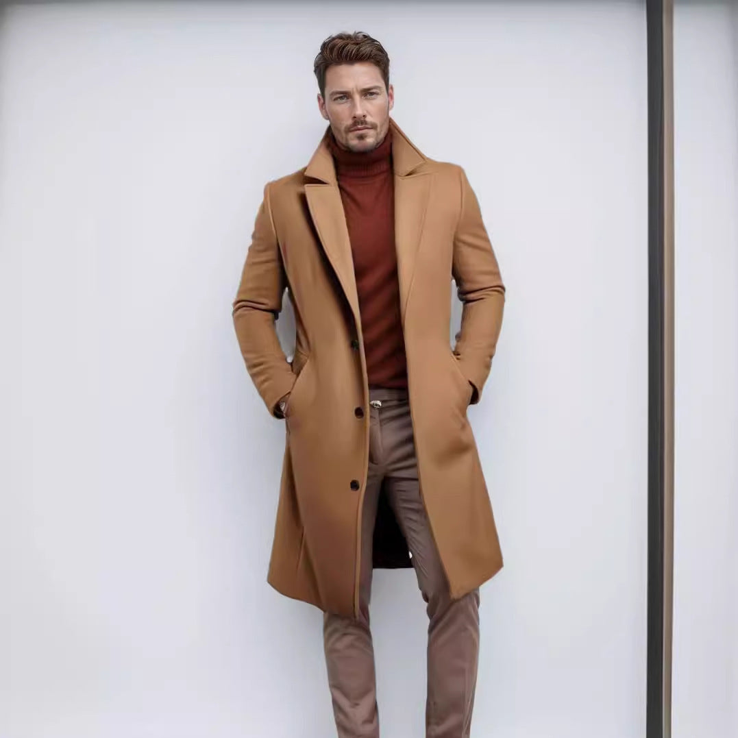 Men's Mid-Length Solid-Color Wool Coat For Autumn And Winter