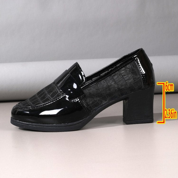 2026 Summer Women's Mesh Breathable High Heels, Hollow Soft Leather Pumps, Mid-Heel Chunky Heel Office Shoes With Soft Sole