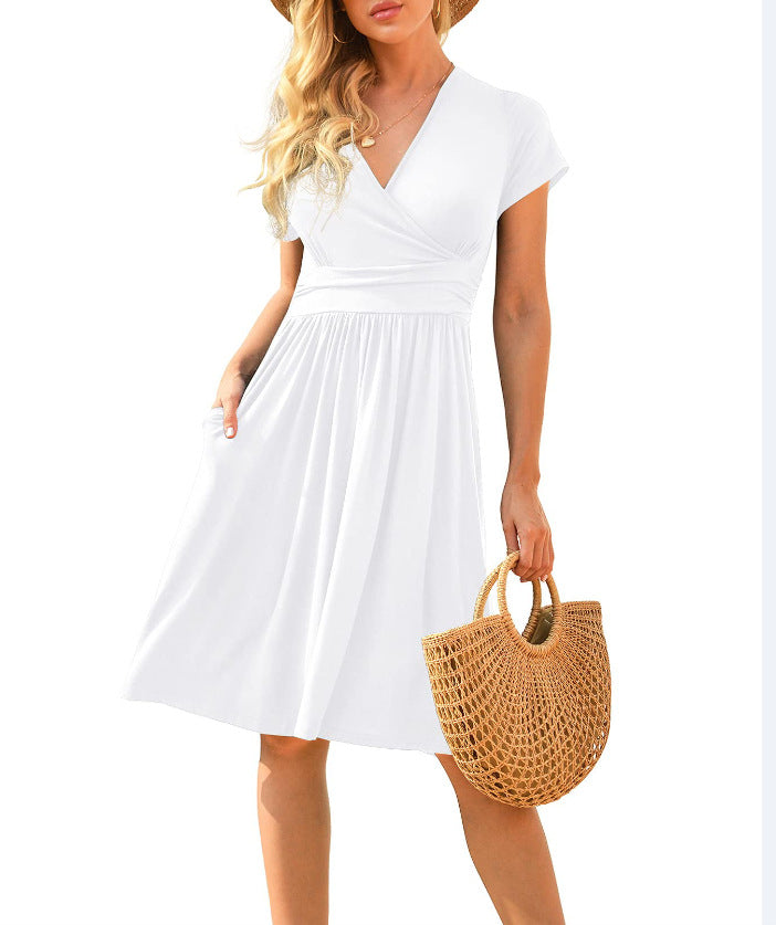 Womens Short-Sleeve Printed Pocket Mid-Length Cinched Dress