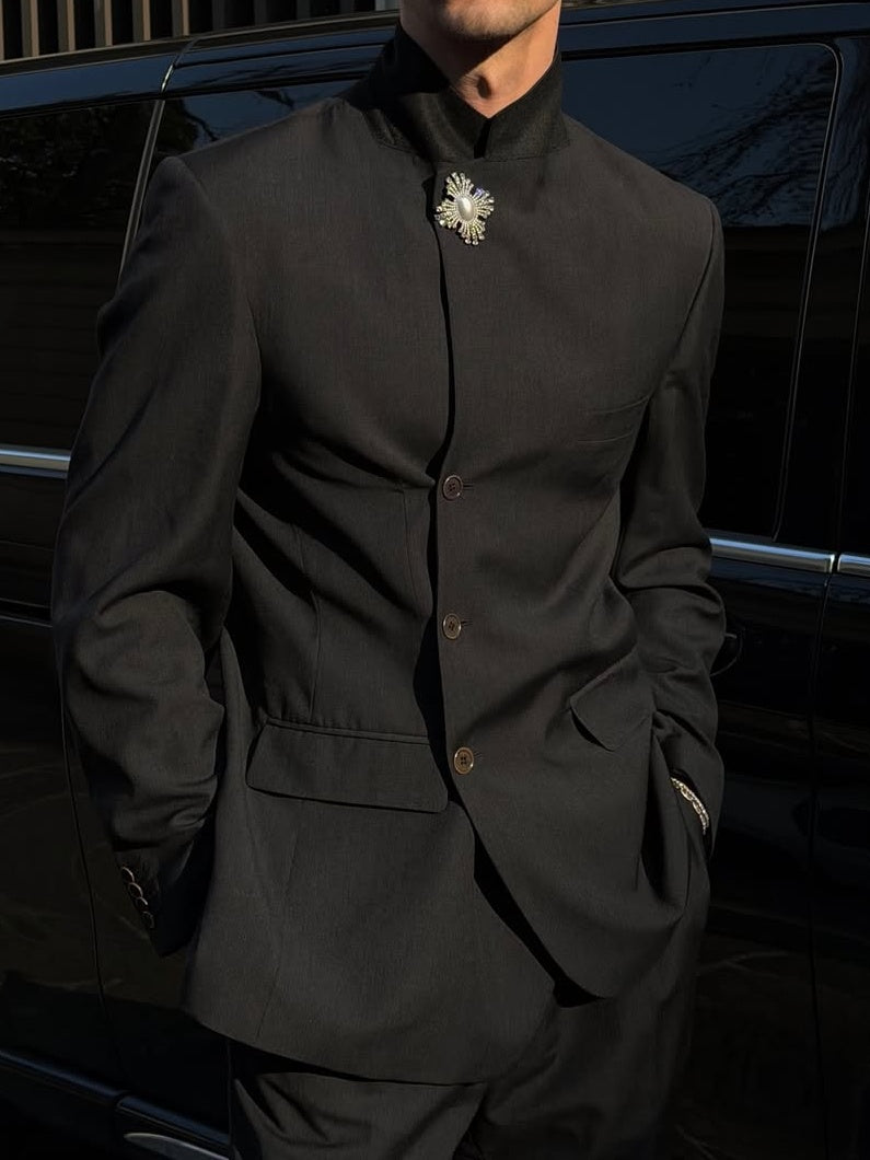 Black Mandarin Collar Zhongshan Style Suit Set