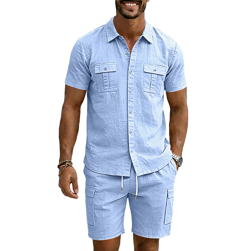 Men's Lapel Shirt And Multi-Pocket Shorts Set
