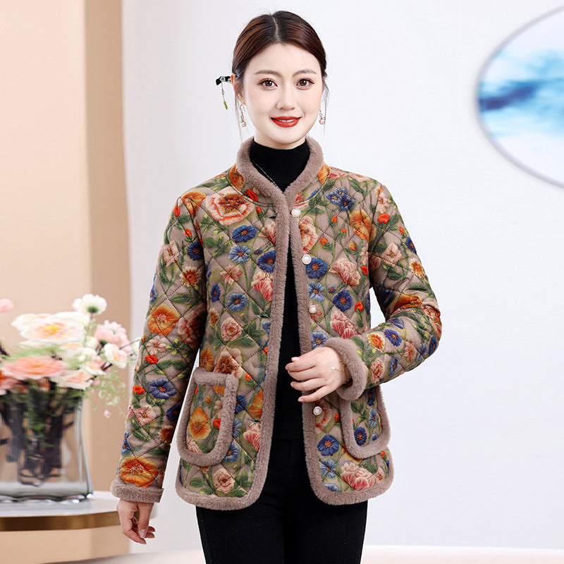 Moms Fleece-Lined Thickened Leopard-Print Cotton Padded Coat