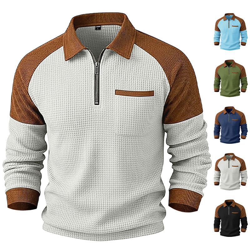 Men's Waffle-Weave Lapel Half-Zip Polo Shirt Top Casual Sweatshirt