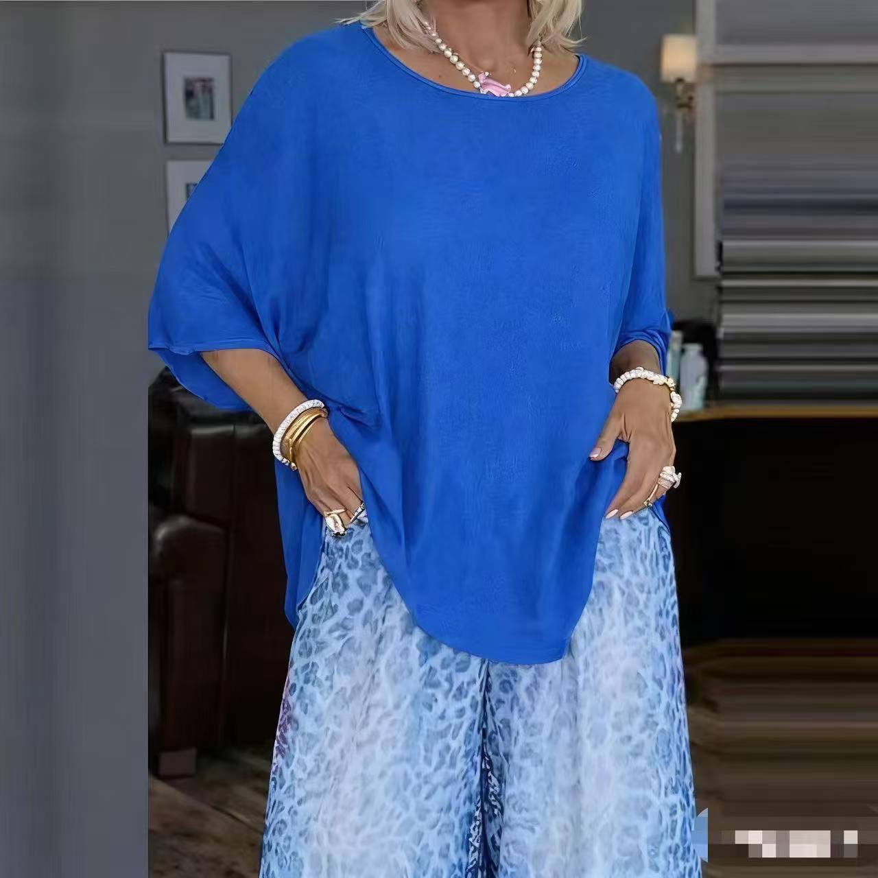 Womens Fashionable Loose Top And Wide-Leg Pants Two-Piece Set