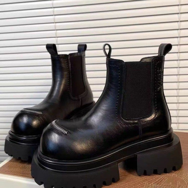 Women's Vintage Platform Chelsea Boots Chunky Lug Sole Zipper Decor Ankle Boots
