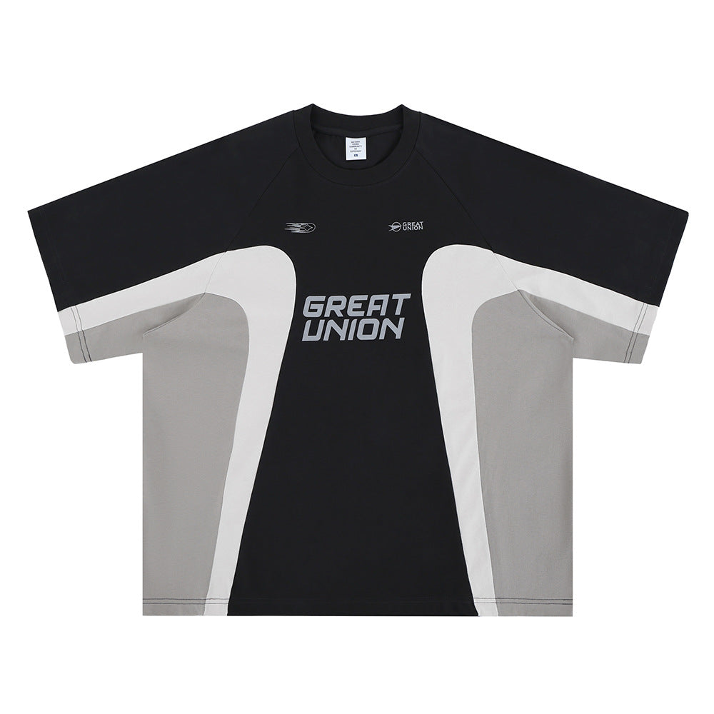 Mens American Retro Racing Club Patchwork Crewneck Short-Sleeve T-Shirt