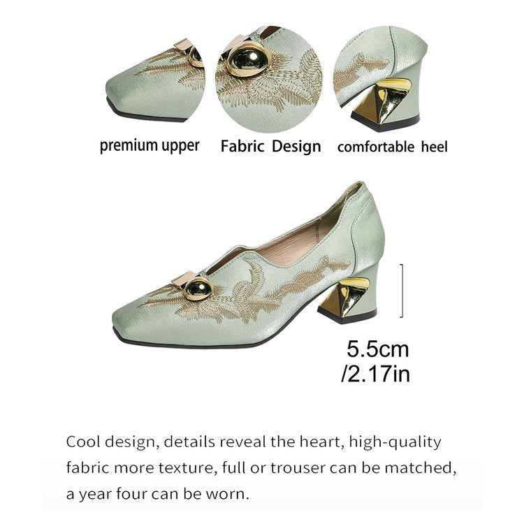 2026 Spring New Women's Chunky Heel Pumps, Versatile Square Toe Deep-V Loafers, New Chinese Style Embroidered High Heels