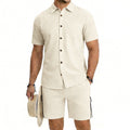 Mens Short-Sleeve Button-Down Shirt Drawstring Shorts Two-Piece Set