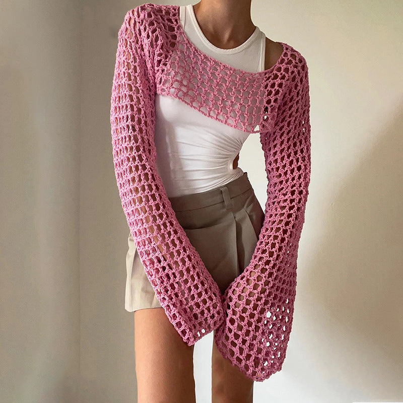 Women's Hand-Knitted Sweater, Casual Ultra-Short Style With Flared Sleeves
