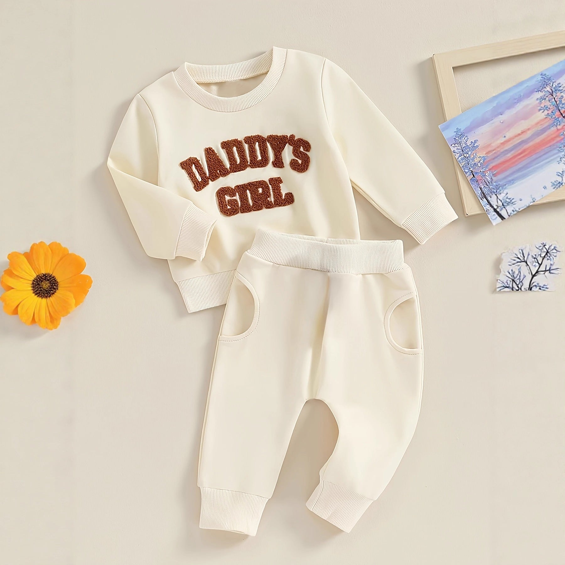 Kids Long-Sleeve Fleece Embroidered Letter Hoodie Solid-Colored Pants Set