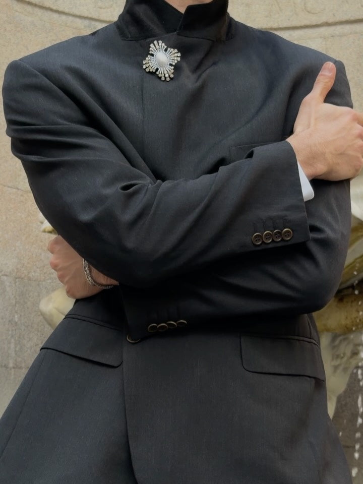 Black Mandarin Collar Zhongshan Style Suit Set