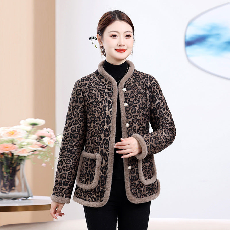 Moms Fleece-Lined Thickened Leopard-Print Cotton Padded Coat