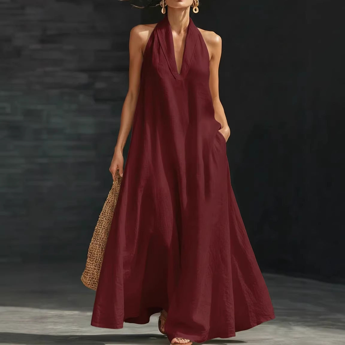 Women's Casual Solid Color V-Neck Dress