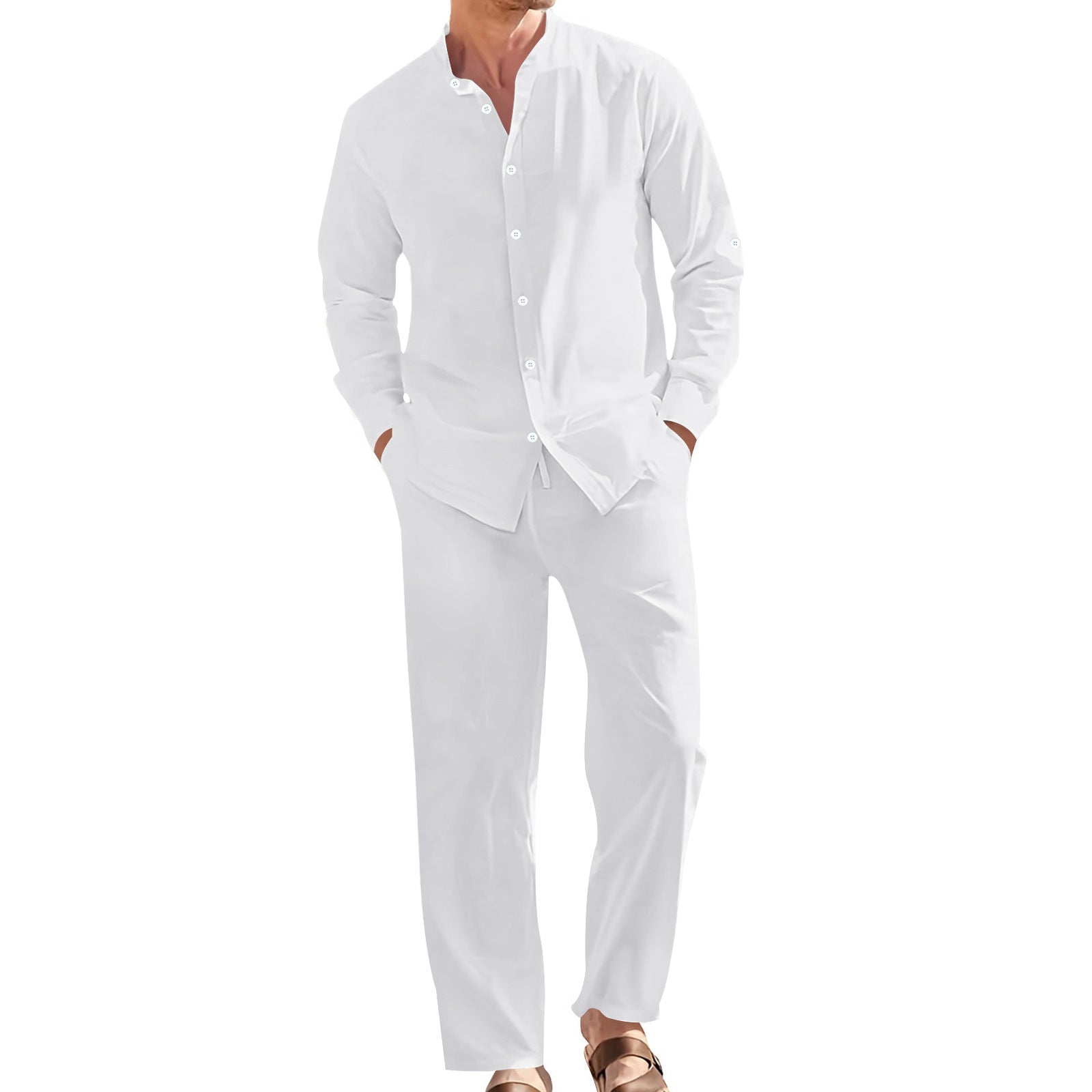 Men's Linen Casual Stand-Collar Shirt And Loose-Fit Trousers Set