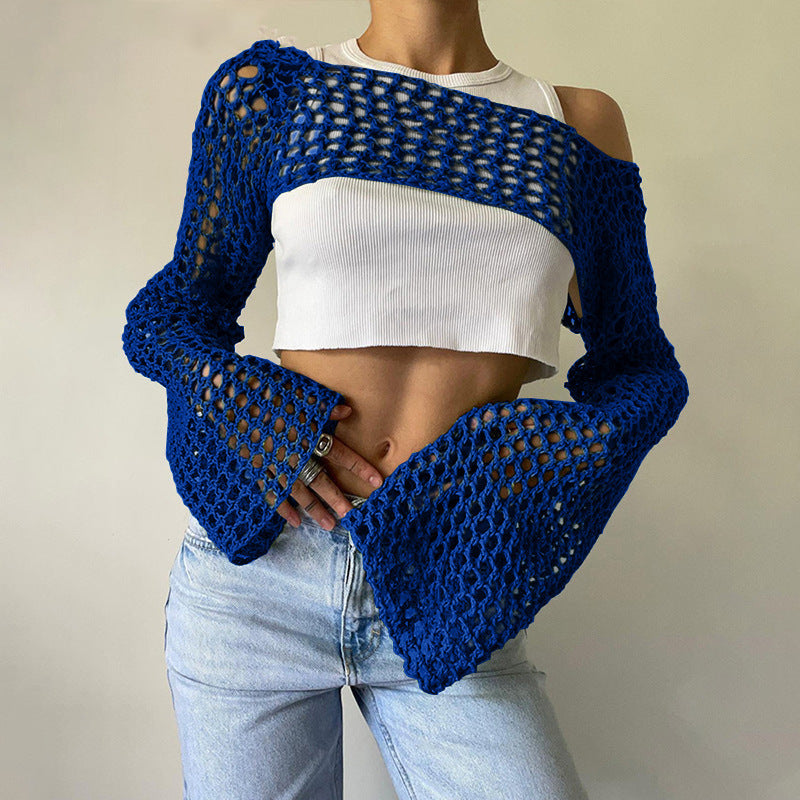 Women's Hand-Knitted Sweater, Casual Ultra-Short Style With Flared Sleeves