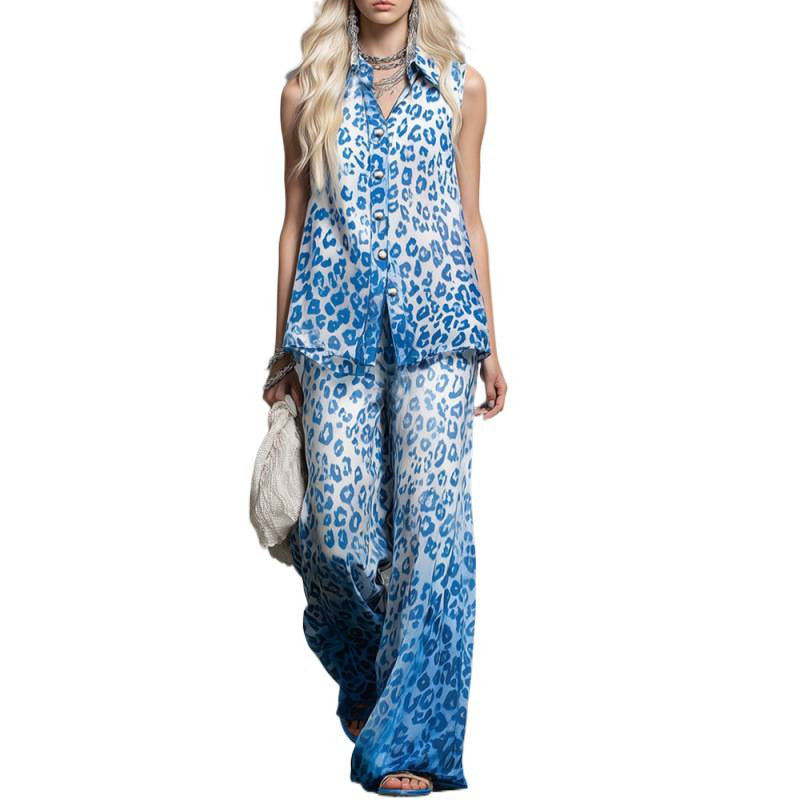 Loose-fit Leopard-print Sleeveless Shirt And Trousers Two-piece Set