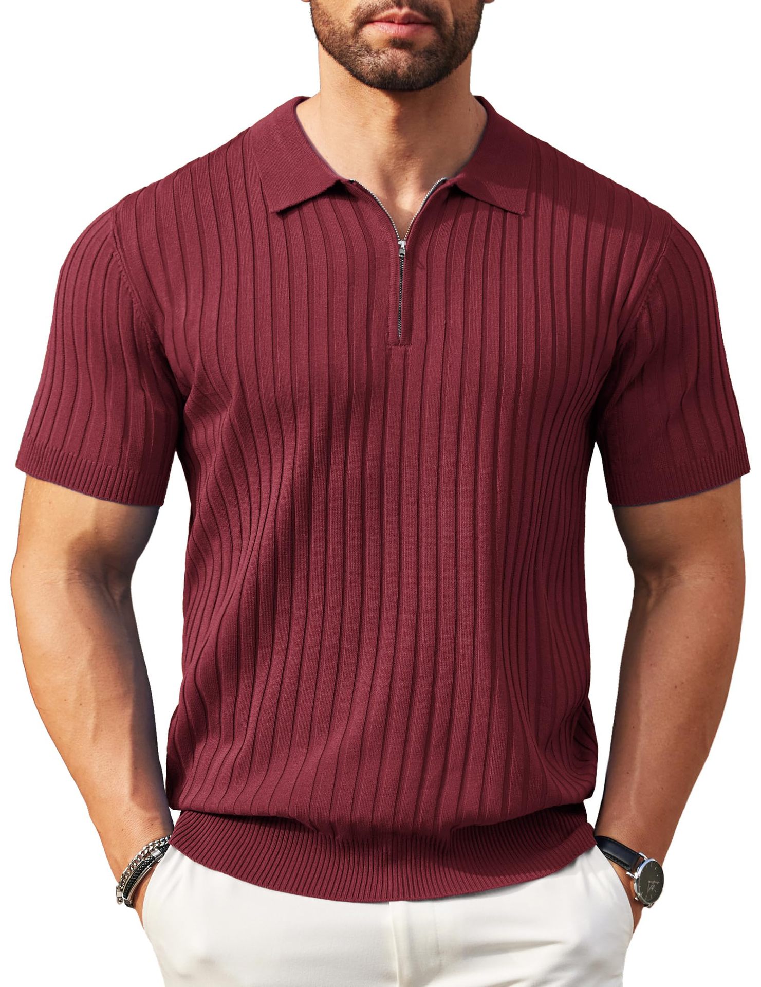 Mens Zip-Up Short-Sleeve Rib-Knit Polo T-Shirt Fashionable Casual Golf Shirt