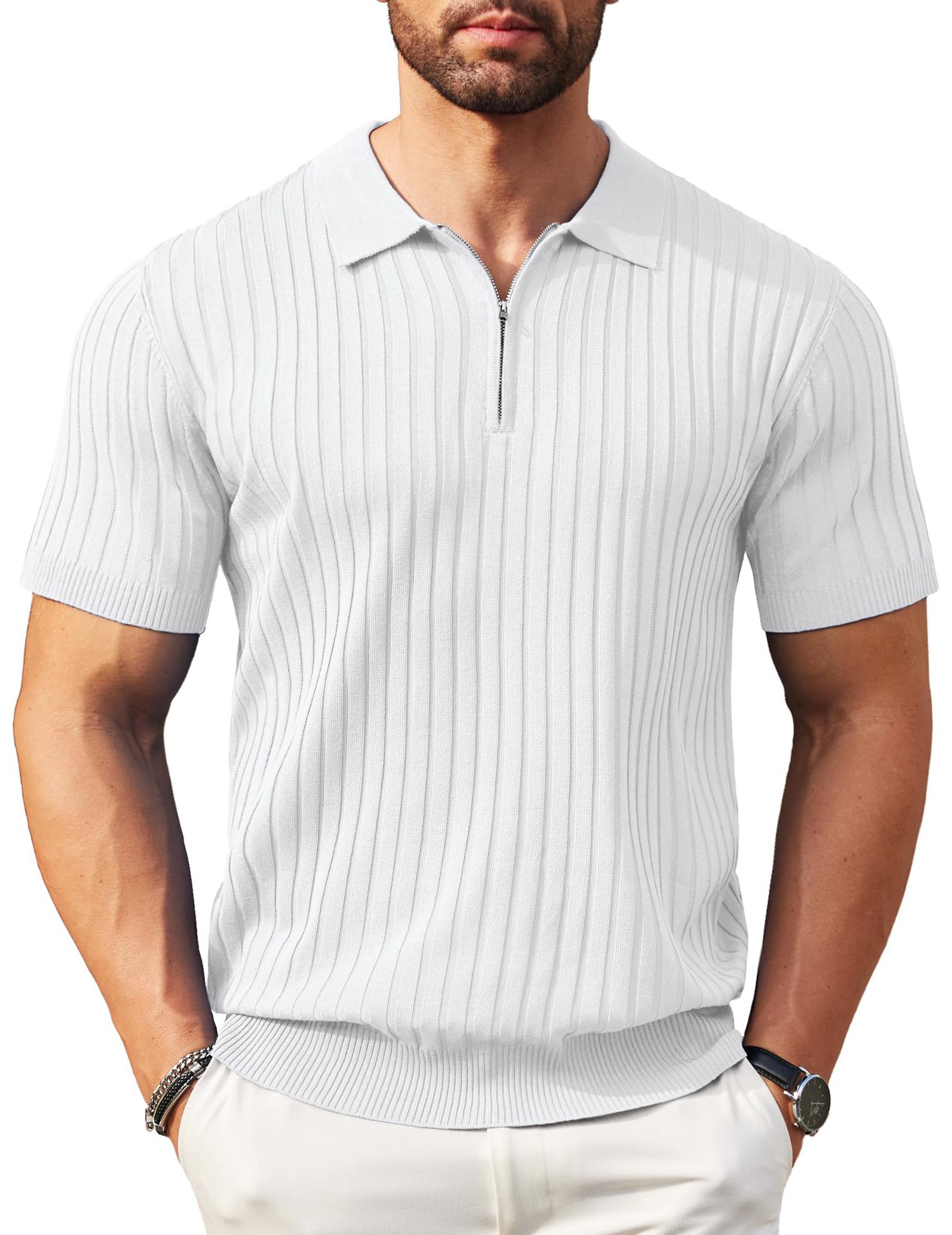 Mens Zip-Up Short-Sleeve Rib-Knit Polo T-Shirt Fashionable Casual Golf Shirt