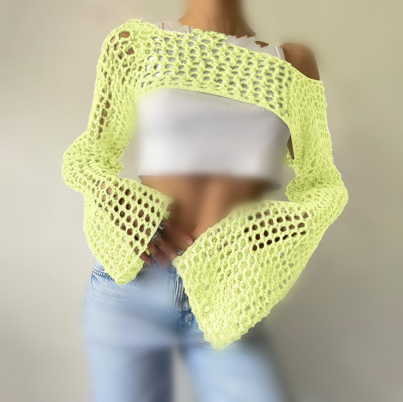 Women's Hand-Knitted Sweater, Casual Ultra-Short Style With Flared Sleeves