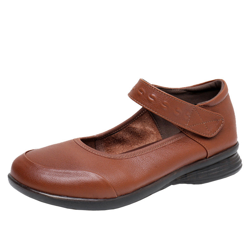 Genuine Leather Single-Strap Velcro Closure Plus-Size Round-Toe Flat Shoes