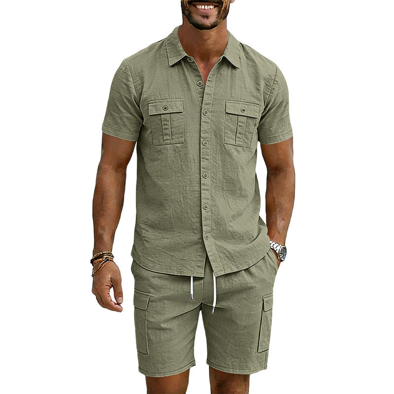 Men's Lapel Shirt And Multi-Pocket Shorts Set