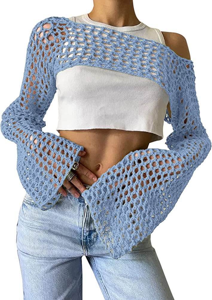 Women's Hand-Knitted Sweater, Casual Ultra-Short Style With Flared Sleeves