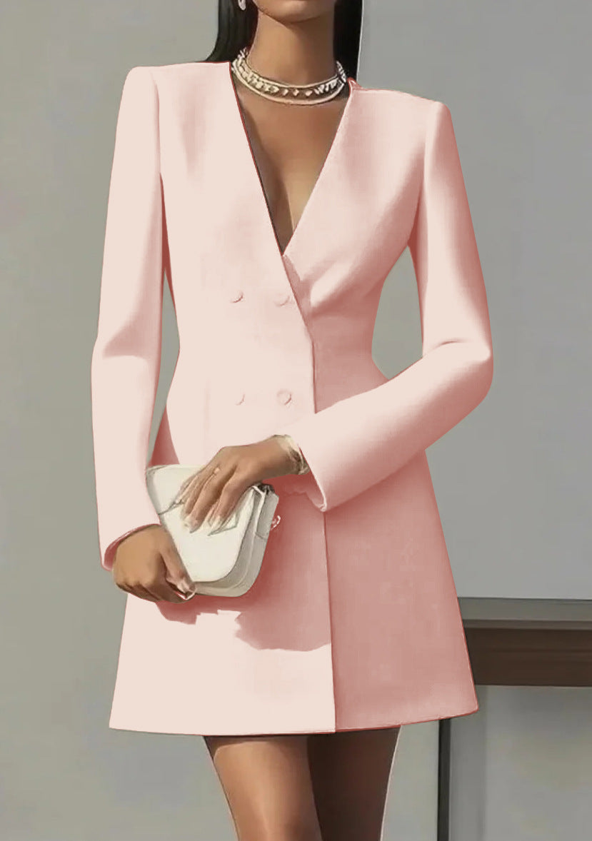 Solid-color V-neck Suit-style French Dress For Women