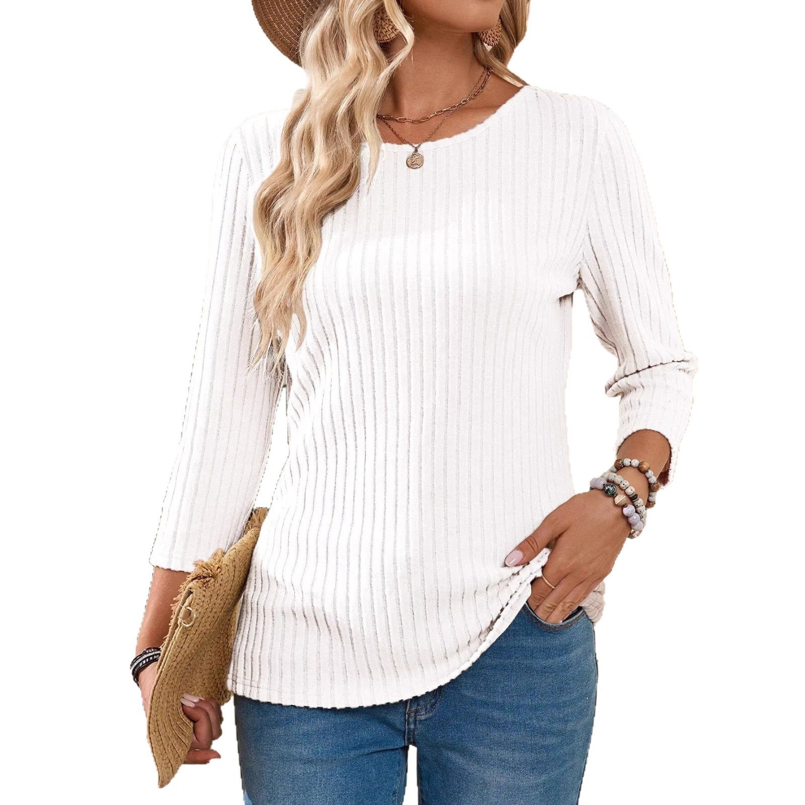 Women's Crew-Neck Ribbed Solid-Color Top With Three-Quarter Sleeves T-Shirt