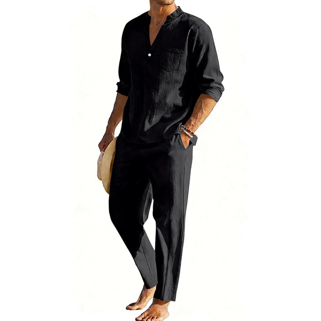 Casual Men's Henley Long-Sleeve Straight-Leg Pants Set