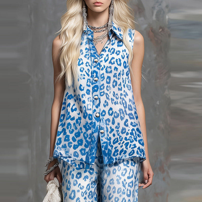 Loose-fit Leopard-print Sleeveless Shirt And Trousers Two-piece Set