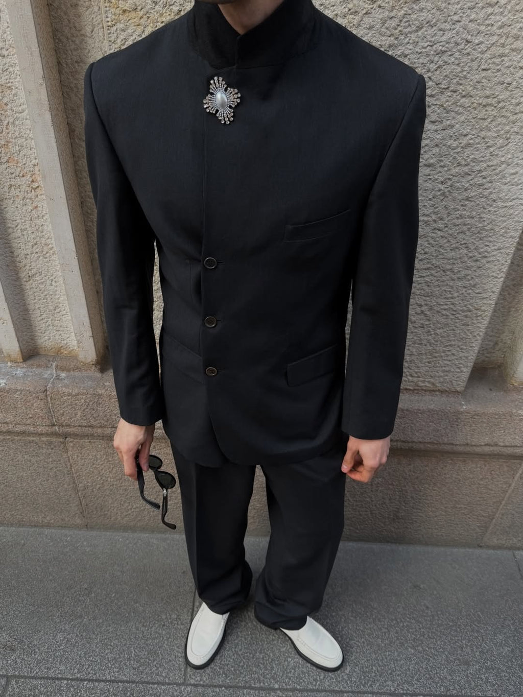 Black Mandarin Collar Zhongshan Style Suit Set