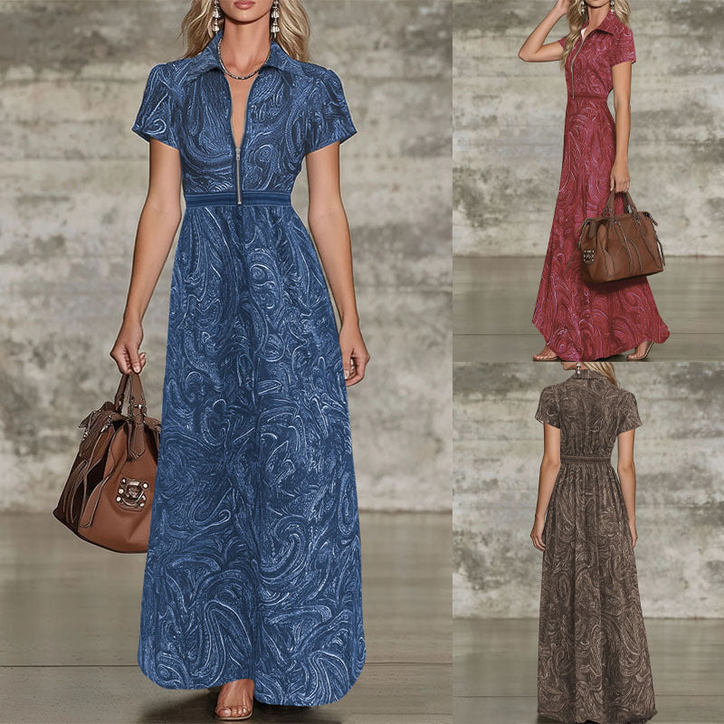 Printed Lapel Collar Defined Waist A-Line Maxi Dress