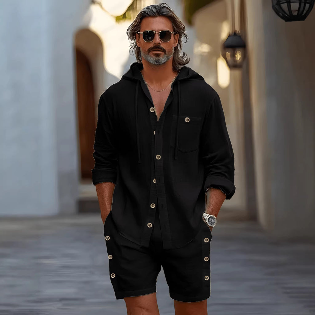 Men's Four-Season Long-Sleeve Hooded Shirt And Shorts Two-Piece Set