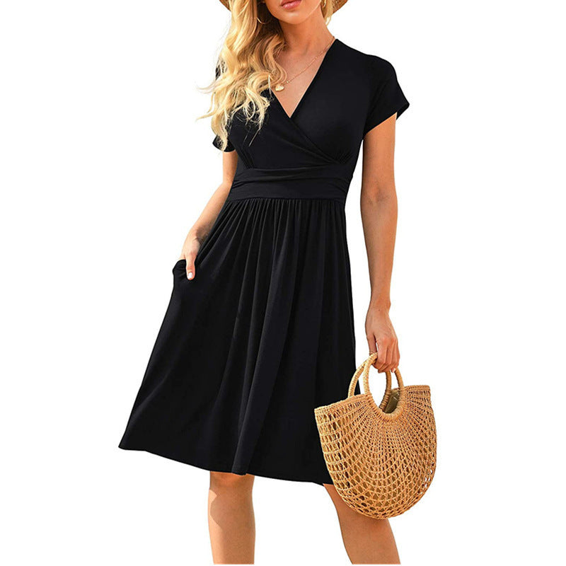 Womens Short-Sleeve Printed Pocket Mid-Length Cinched Dress