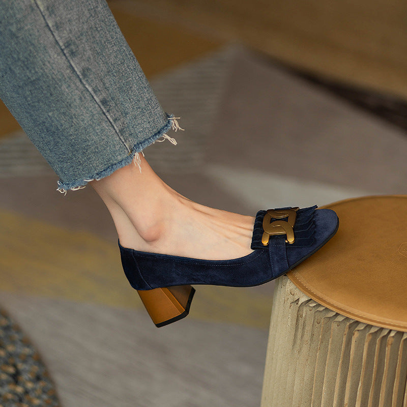 Square-toe Metal-buckle Chunky-heel Womens Shoes