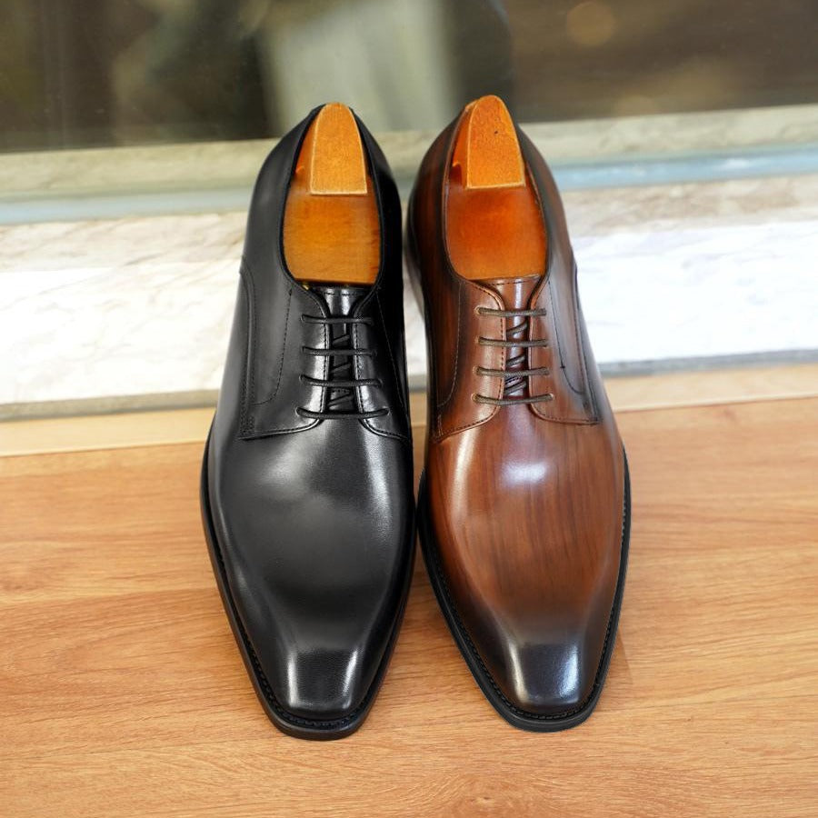 Men's Fashion Distressed Square-Toe Leather Shoes With Wood Grain Pattern