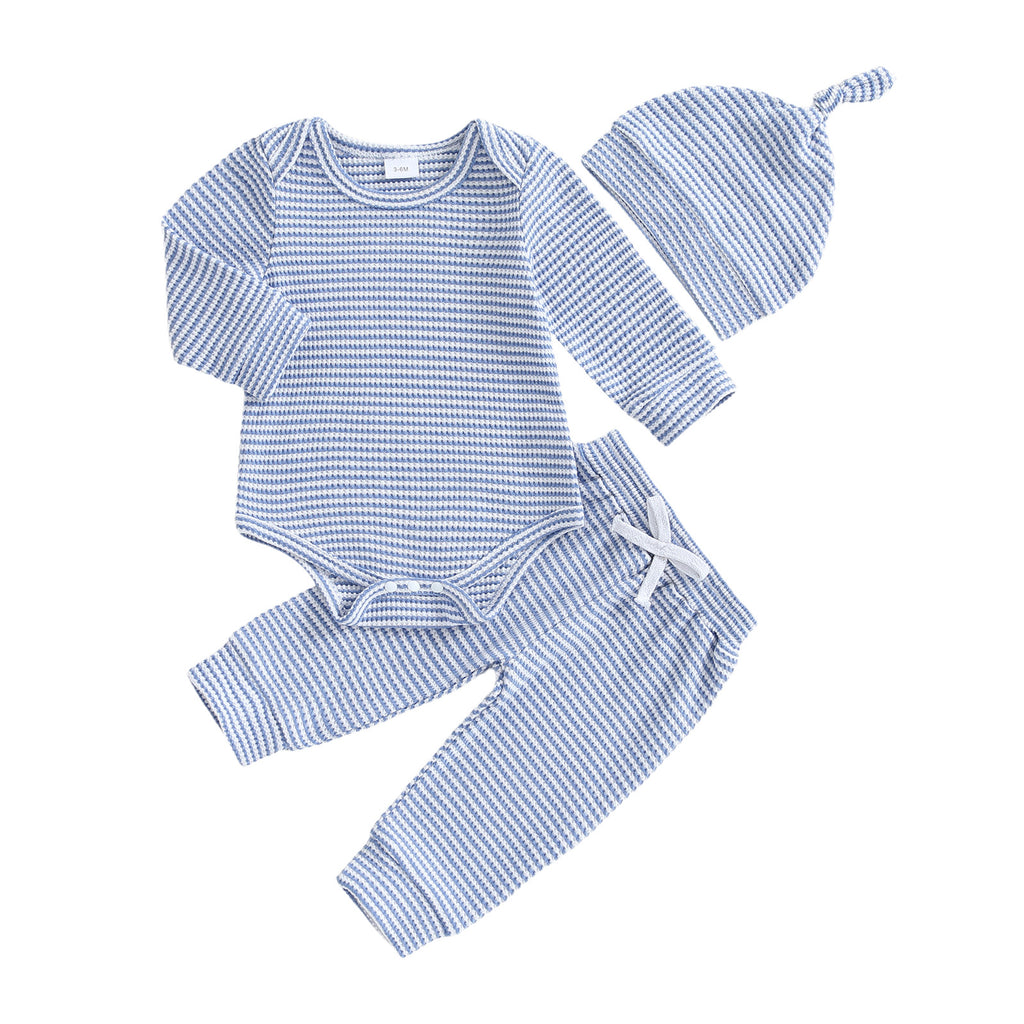 Long-sleeve Striped Triangle Onesie Pants And Hat Three-piece Set