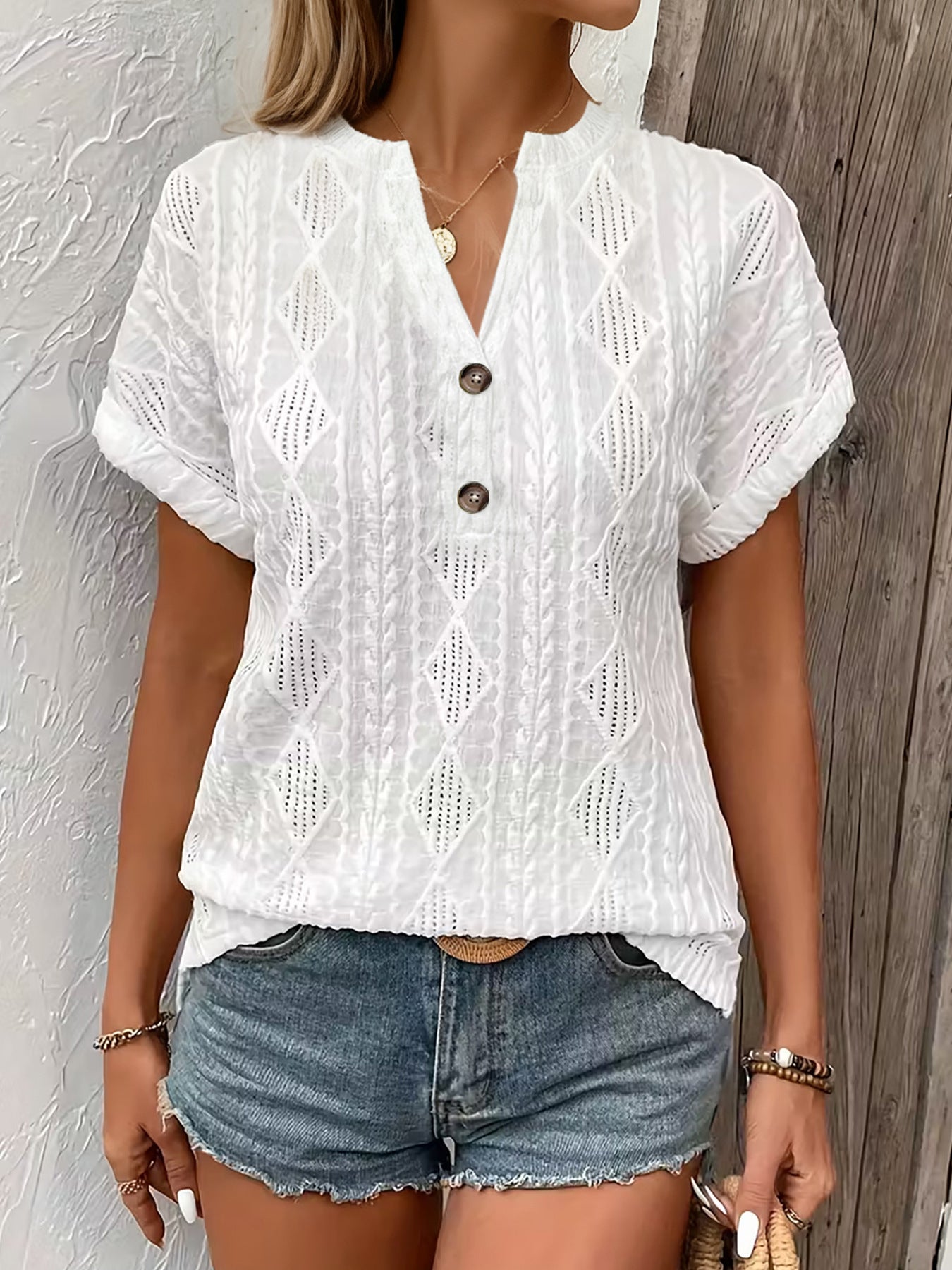 Fashionable Casual Solid-Color Buttoned V-Neck T-Shirt For Women