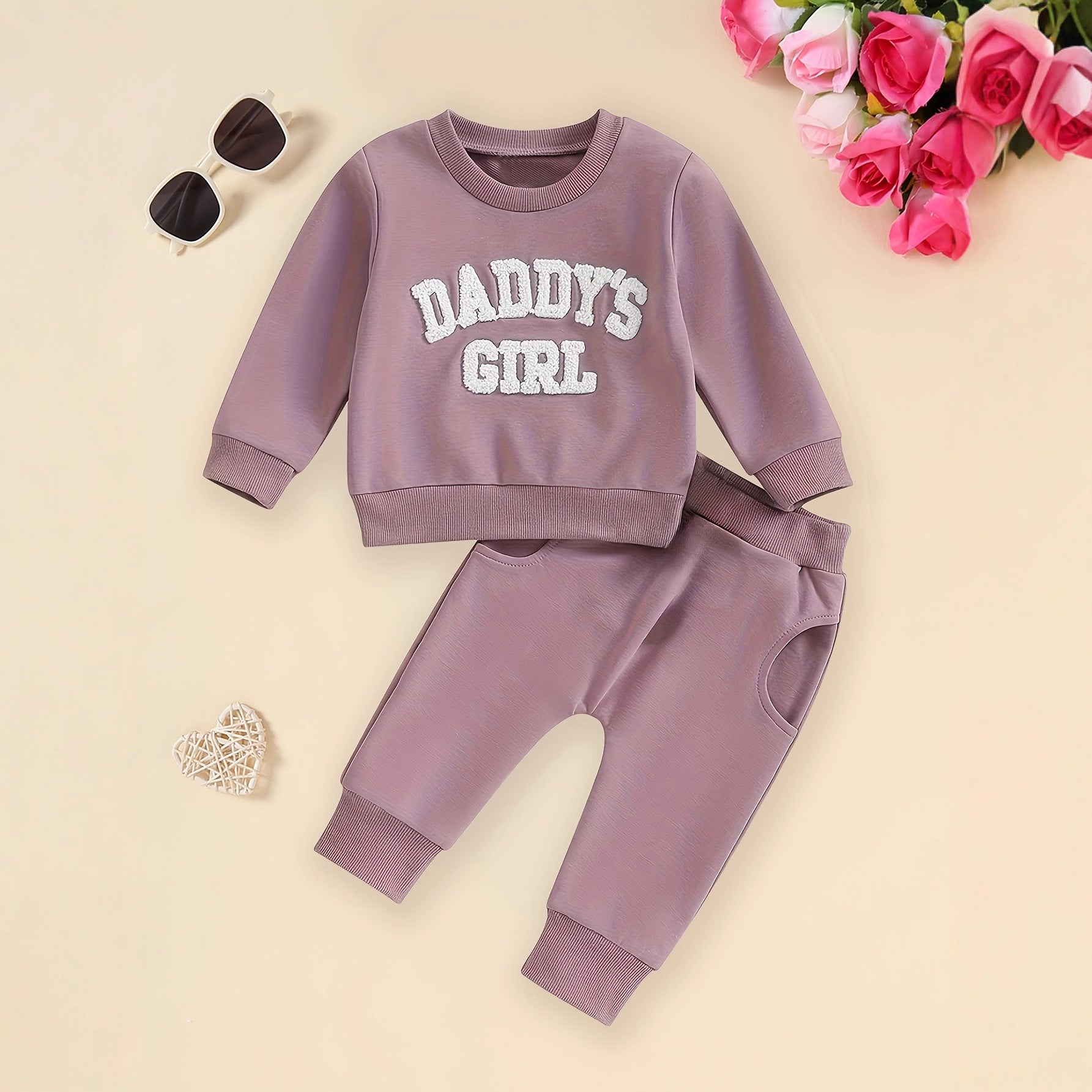 Kids Long-Sleeve Fleece Embroidered Letter Hoodie Solid-Colored Pants Set